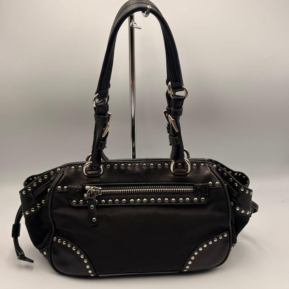 PRADA Tessuto Leather Studded Handbag Black